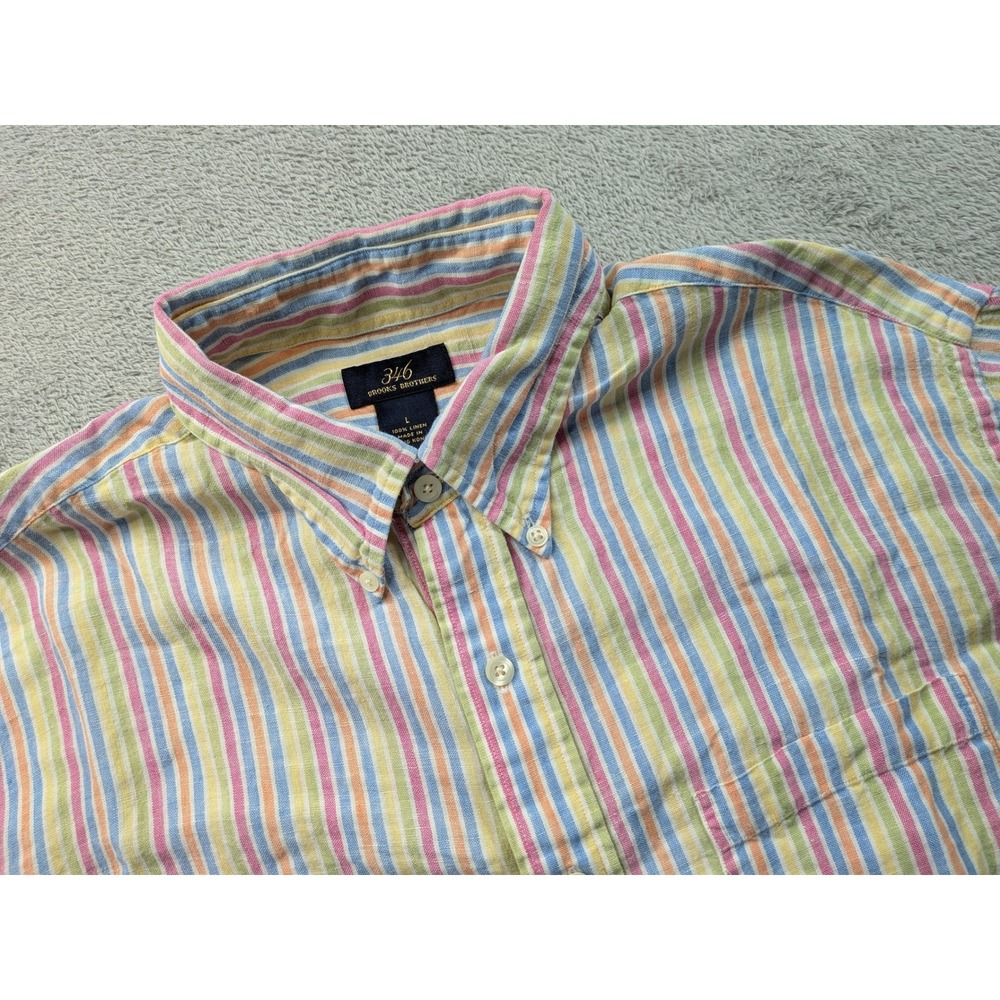 Brooks Brothers 346 Mens Large 100% Linen Short Sleeve Striped Button Down Shirt